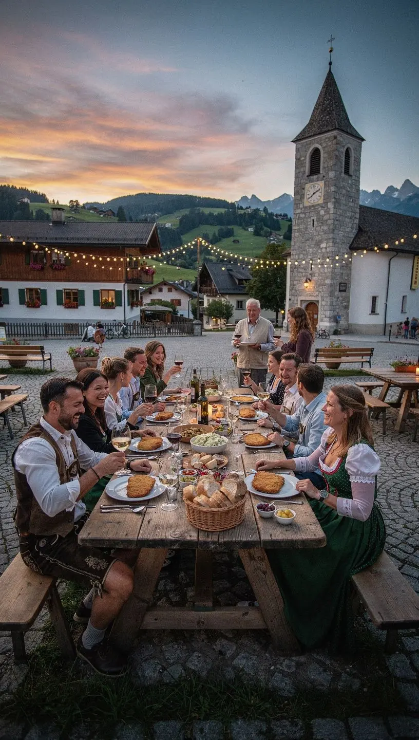 Eine farbenfrohe Auswahl an typischen österreichischen Mehlspeisen, darunter Apfelstrudel und Sachertorte, auf einer festlich gedeckten Tafel.