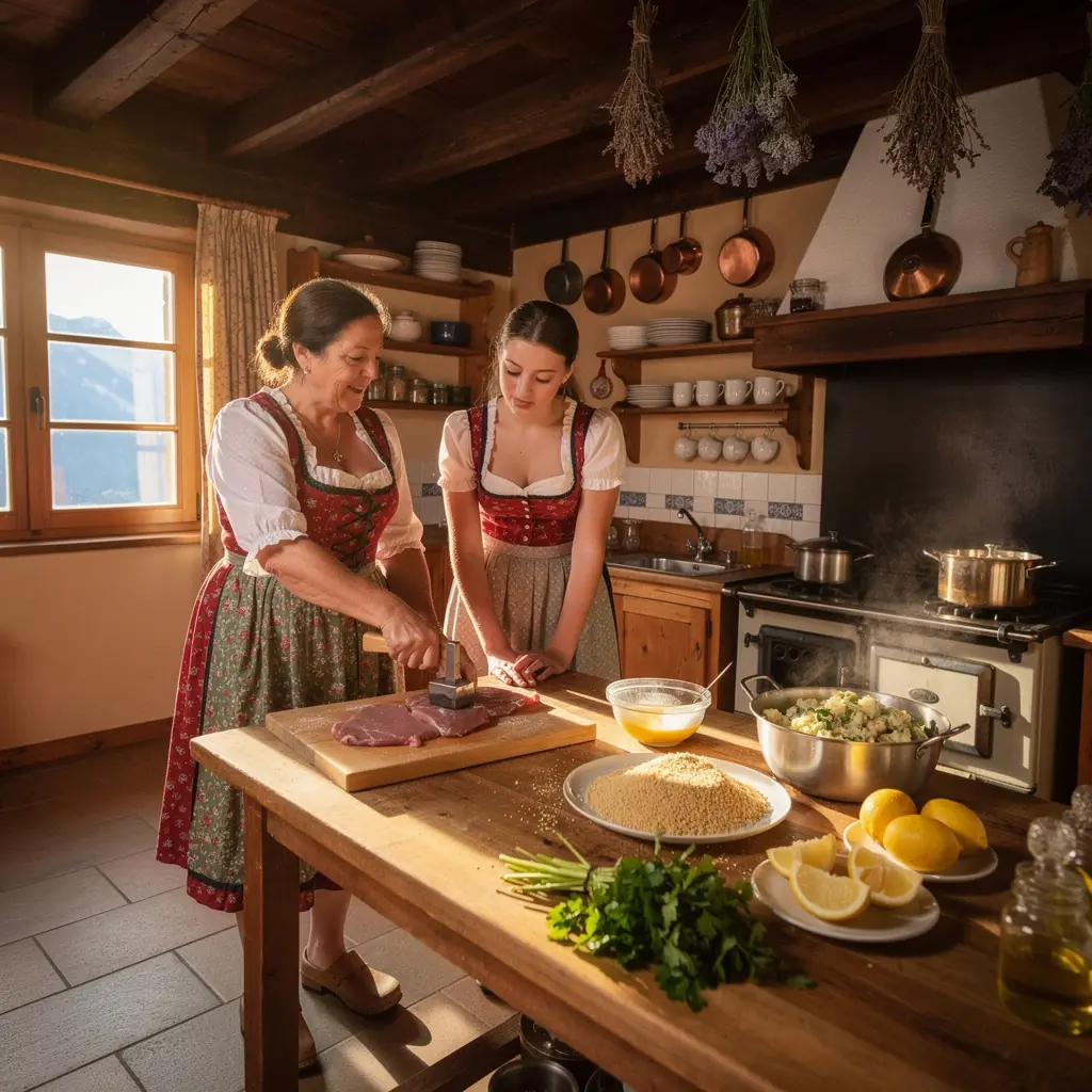 Ein herzhaftes Tiroler Gröstl, bestehend aus gebratenen Kartoffeln, Zwiebeln und Fleisch, garniert mit frischen Kräutern.