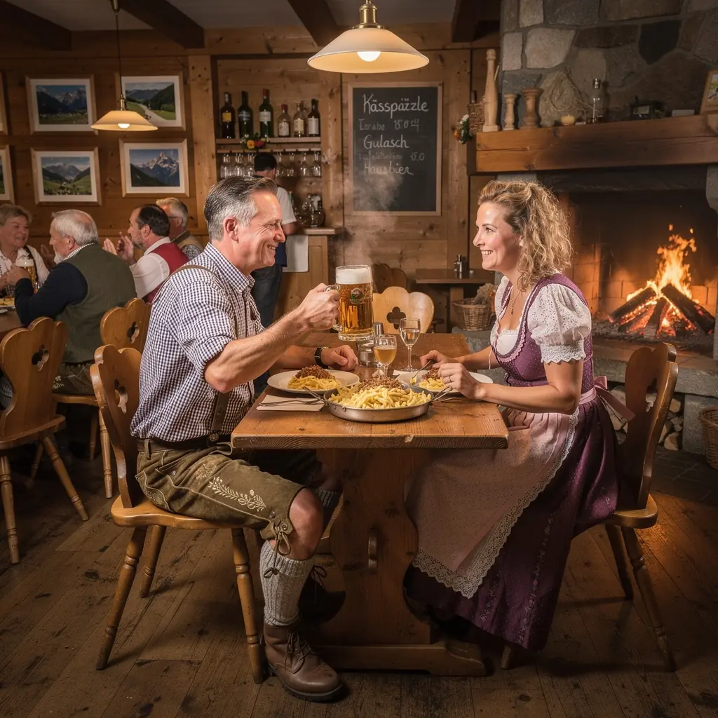 Ein Teller mit Wiener Schnitzel, serviert mit Kartoffelsalat und Zitronenscheiben, auf einem rustikalen Holztisch.